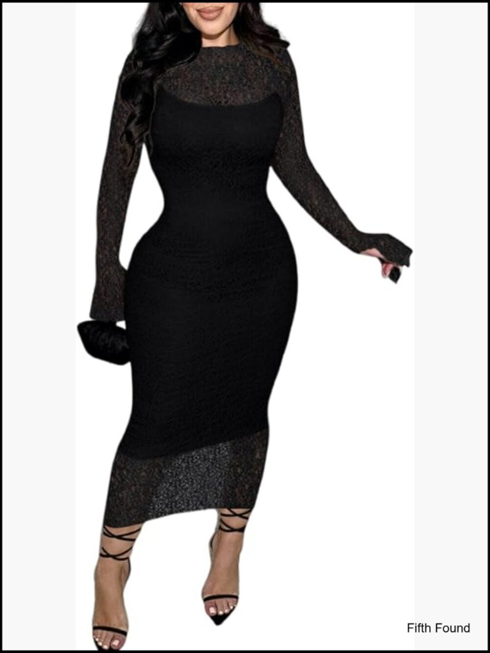 Sexy Bodycon Lace 2 Piece Midi Dress Set Long Sleeve Sheer